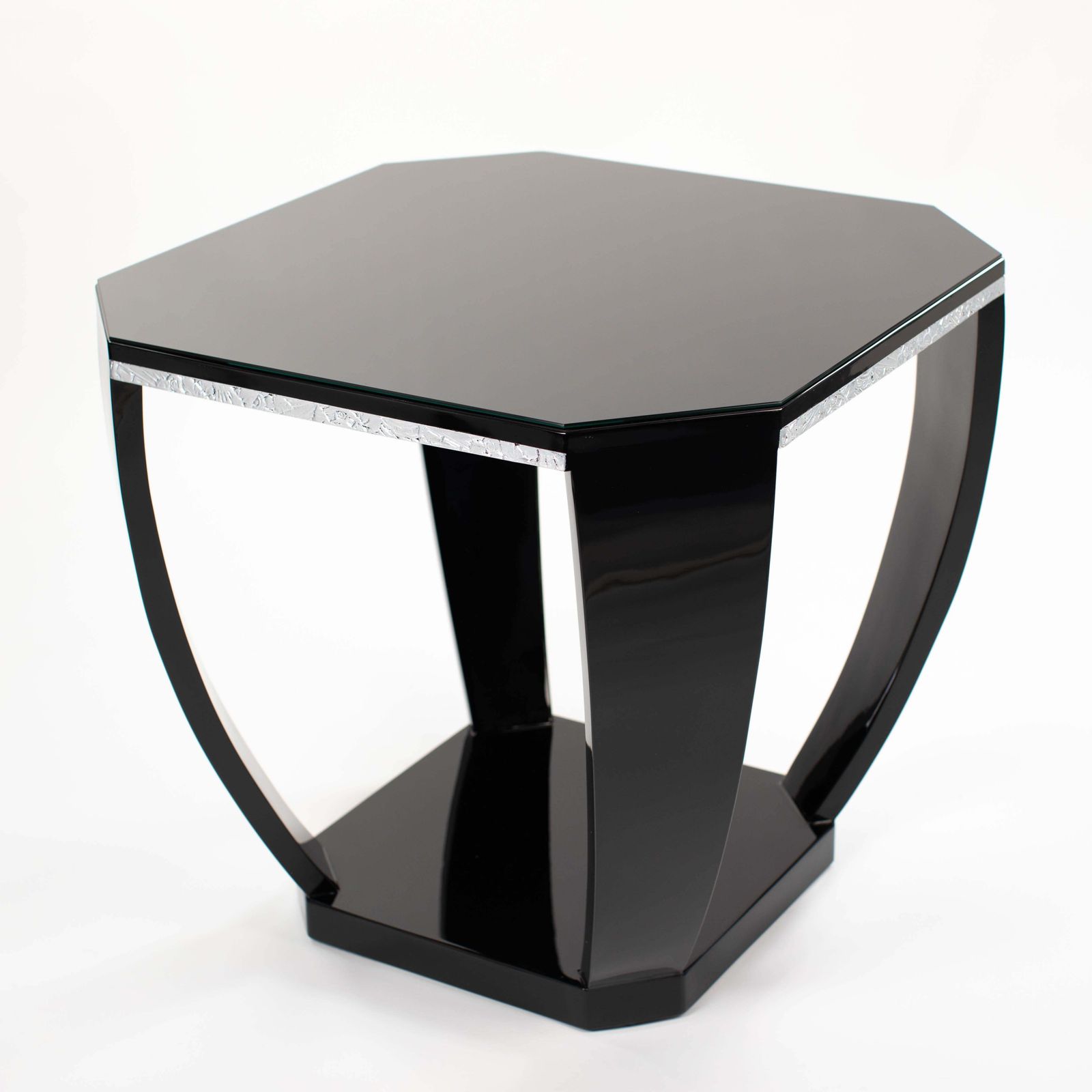 photo furniture French Art Déco Gueridon Black High Gloss Lacquer Silver Plated Carvings 1920s