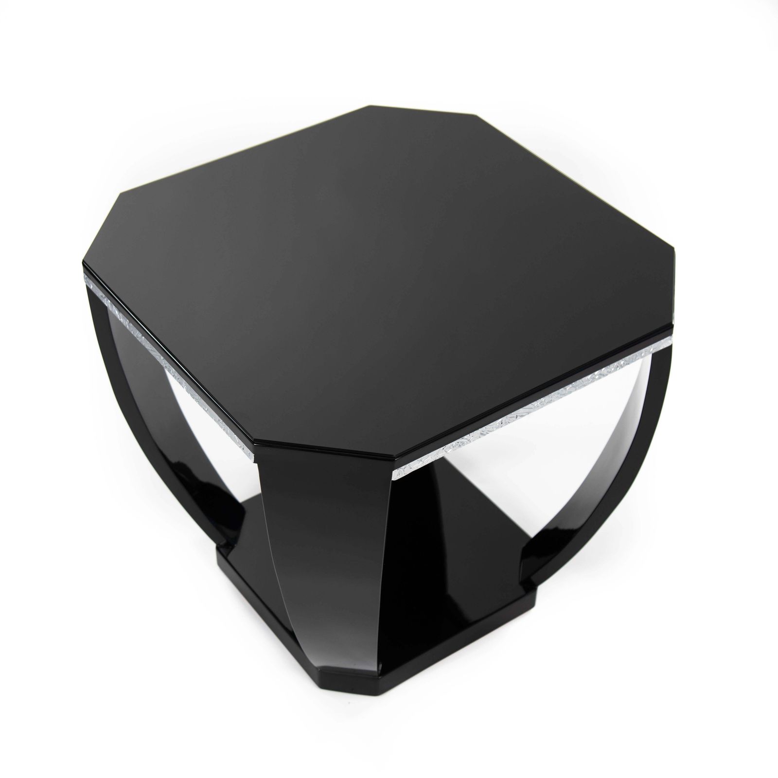 photo for sale French Art Déco Gueridon Black High Gloss Lacquer Silver Plated Carvings 1920s