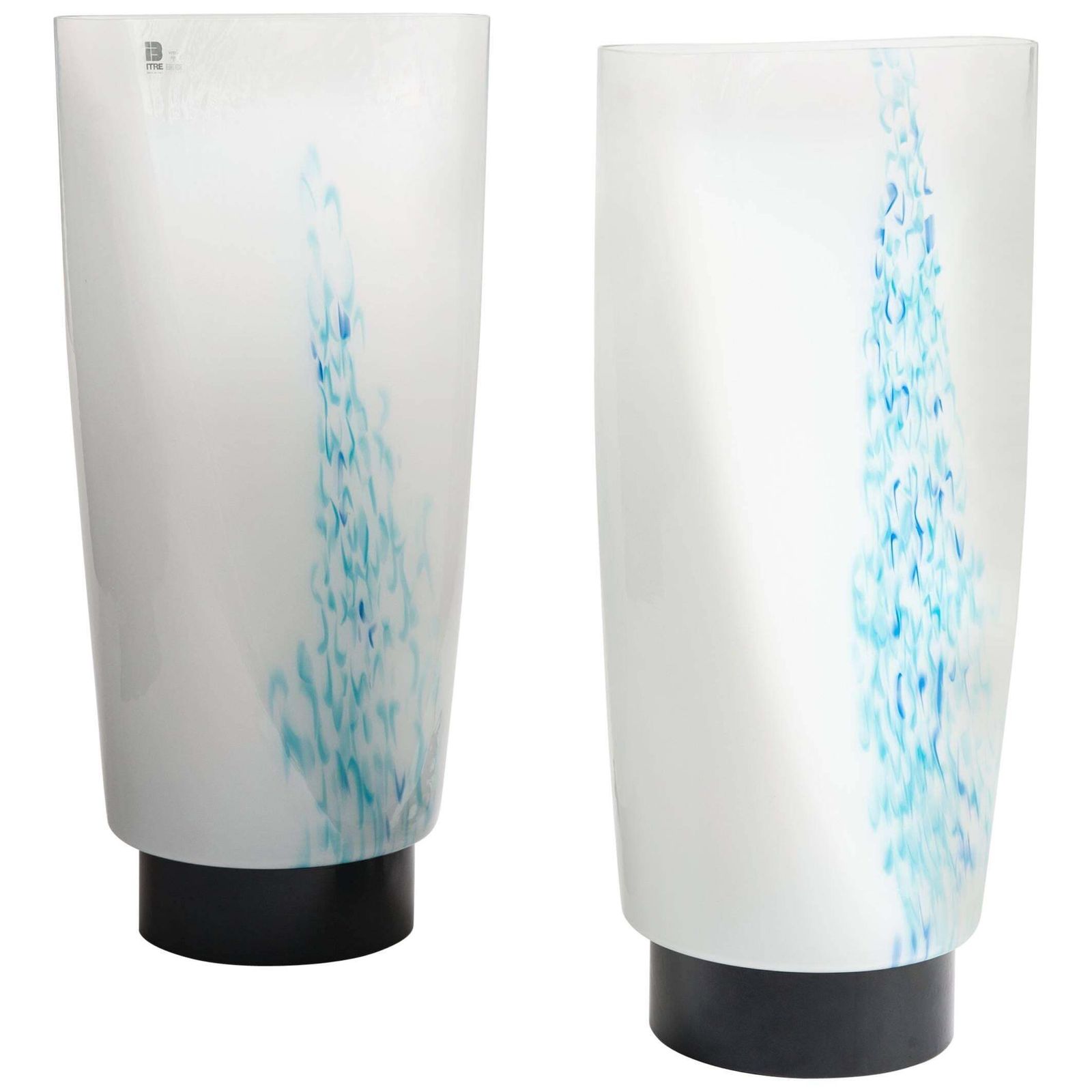 Pair Of Italian Mid Century White Turquois Murano Glass Table Lamps Signed Itre