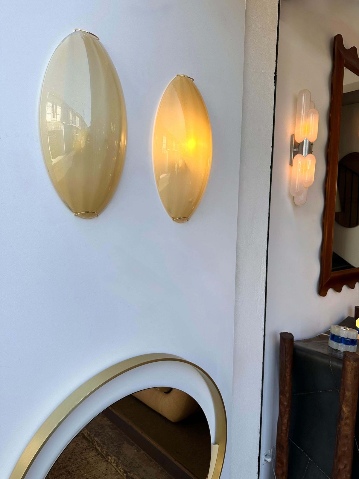 photo for sale Contemporary Pair Of Yellow Gold Leaf Murano Glass And Brass Sconces, Italy