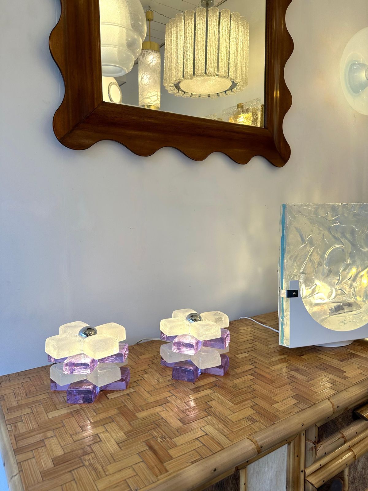 Pair Of Round Glass Cube Lamps By Poliarte, Italy, 1970s photo vinterior
