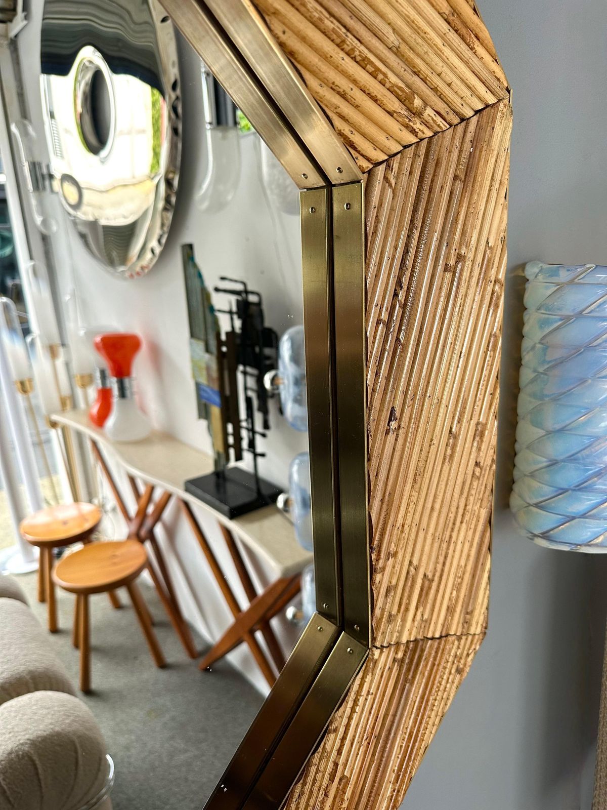 Rattan And Brass Octogonal Wall Mirror By Vivai Del Sud. Italy, 1970s photo furniture