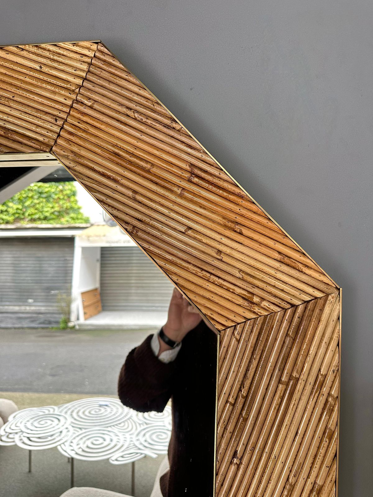 Rattan And Brass Octogonal Wall Mirror By Vivai Del Sud. Italy, 1970s photo for sale