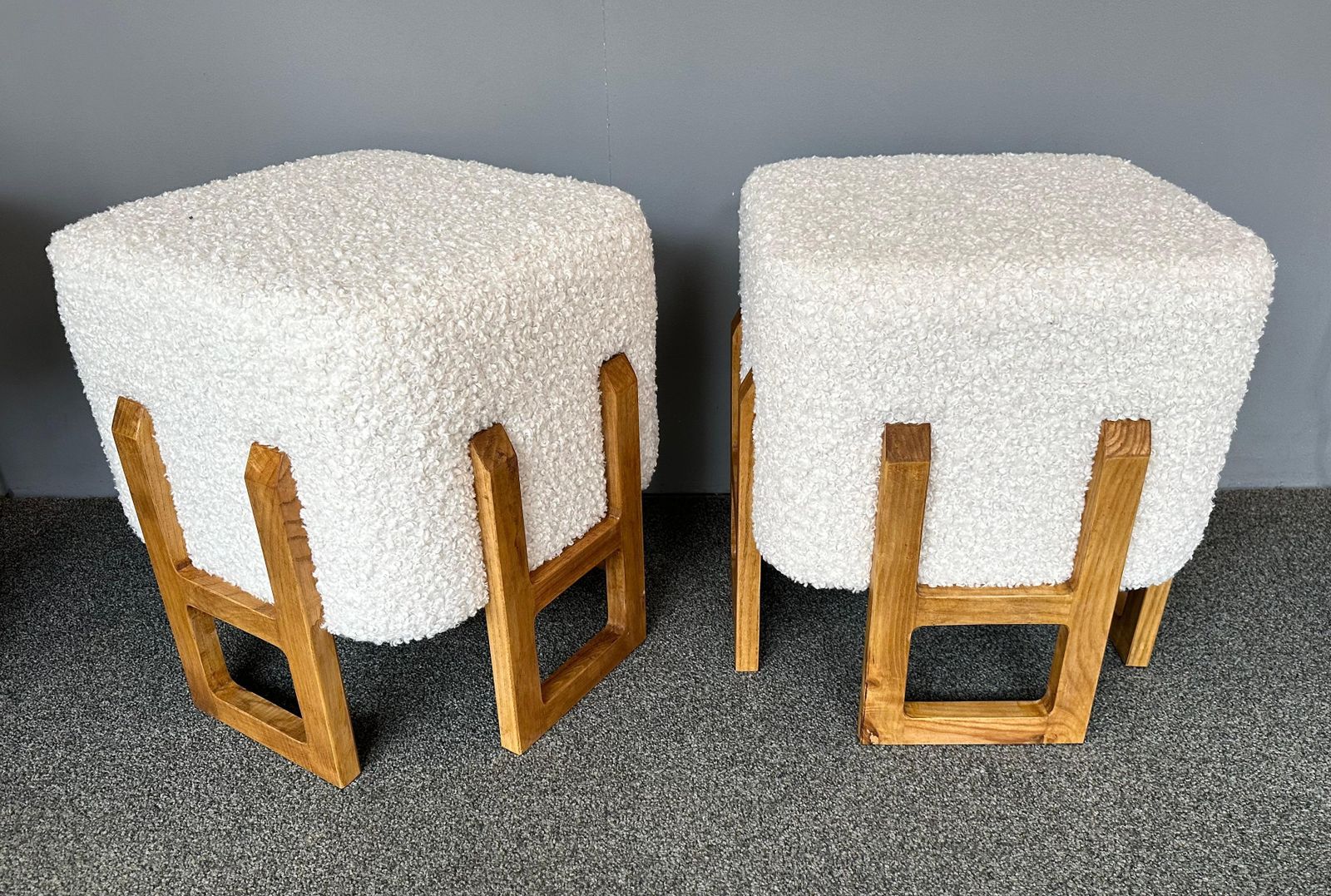 Contemporary Pair Of Wood Stools And Bouclé Fabric. Italy photo Furniture