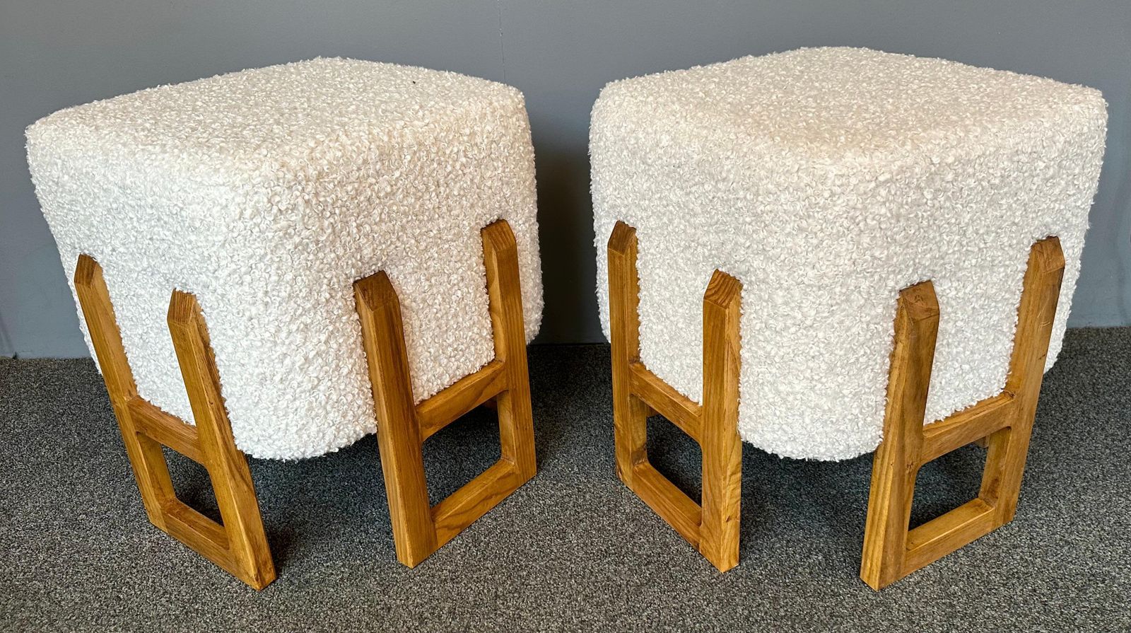 Contemporary Pair Of Wood Stools And Bouclé Fabric. Italy photo 3426.0