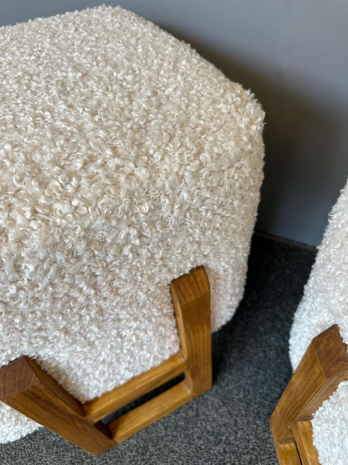 Contemporary Pair Of Wood Stools And Bouclé Fabric. Italy photo vintage