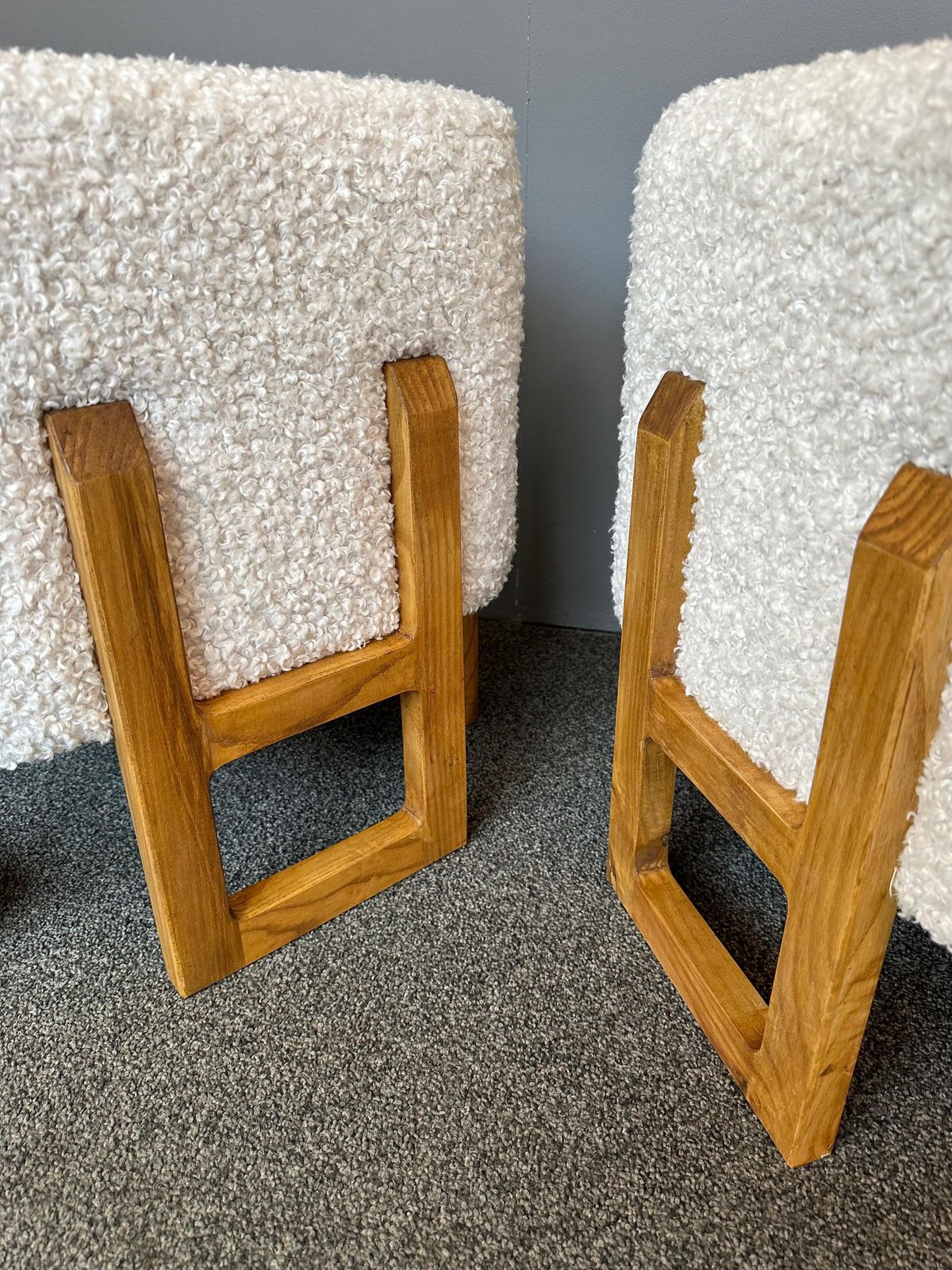 photo for sale Contemporary Pair Of Wood Stools And Bouclé Fabric. Italy