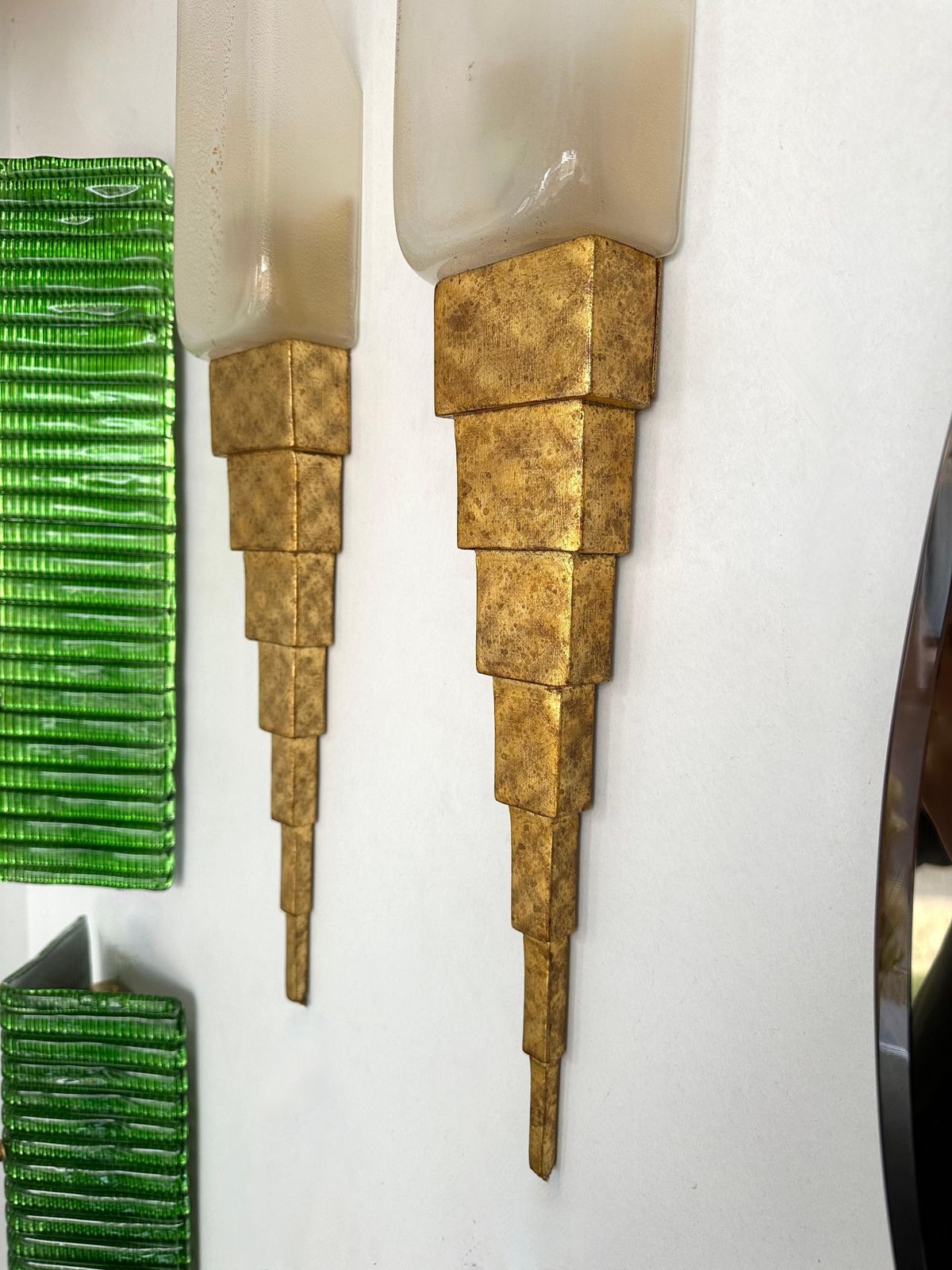 Pair Of Gold Leaf Murano Glass And Gilt Wood Sconces By Terzani, Italy, 1990s photo vintage