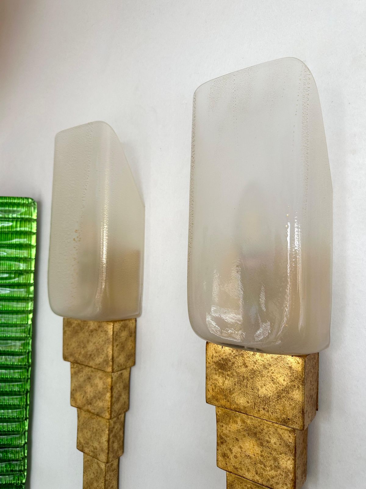 photo for sale Pair Of Gold Leaf Murano Glass And Gilt Wood Sconces By Terzani, Italy, 1990s