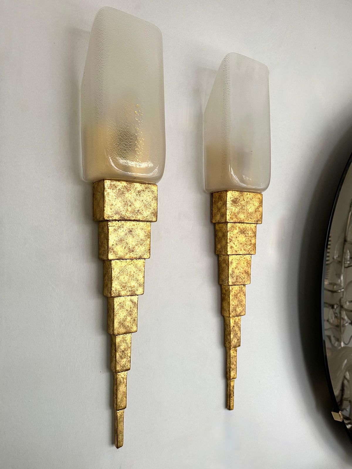 Lighting Pair Of Gold Leaf Murano Glass And Gilt Wood Sconces By Terzani, Italy, 1990s photo