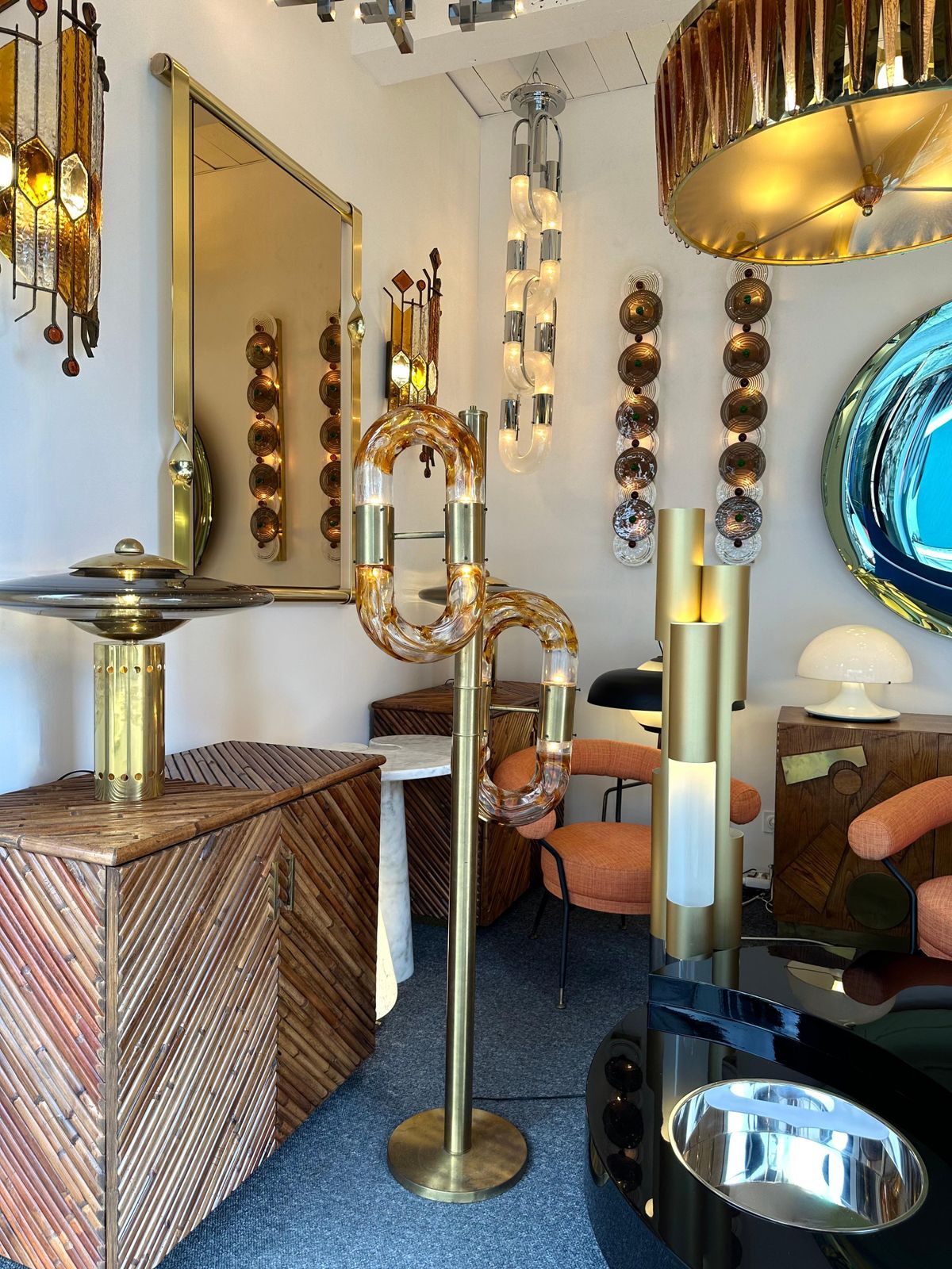 photo for sale Brass Chain Floor Lamp Murano Glass By Aldo Nason For Mazzega, Italy, 1970s