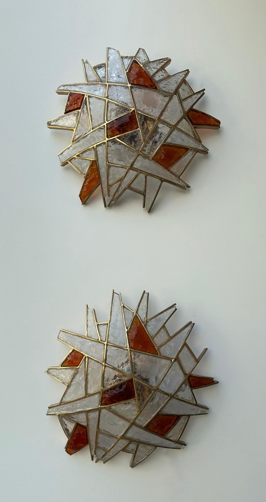 Large Pair Of Hammered Glass Gilt Wrought Iron Sconces By Longobard, Italy 1970s photo 4711.0