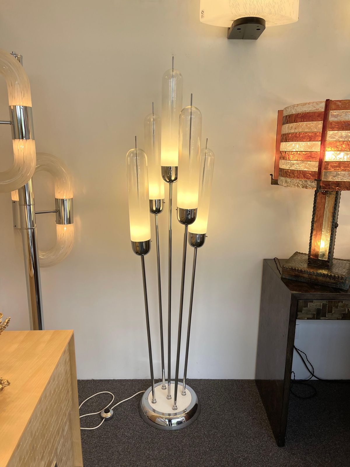 Mid Century Modern Reed Floor Lamp Murano Glass Metal By Mazzega, Italy, 1970s photo for sale