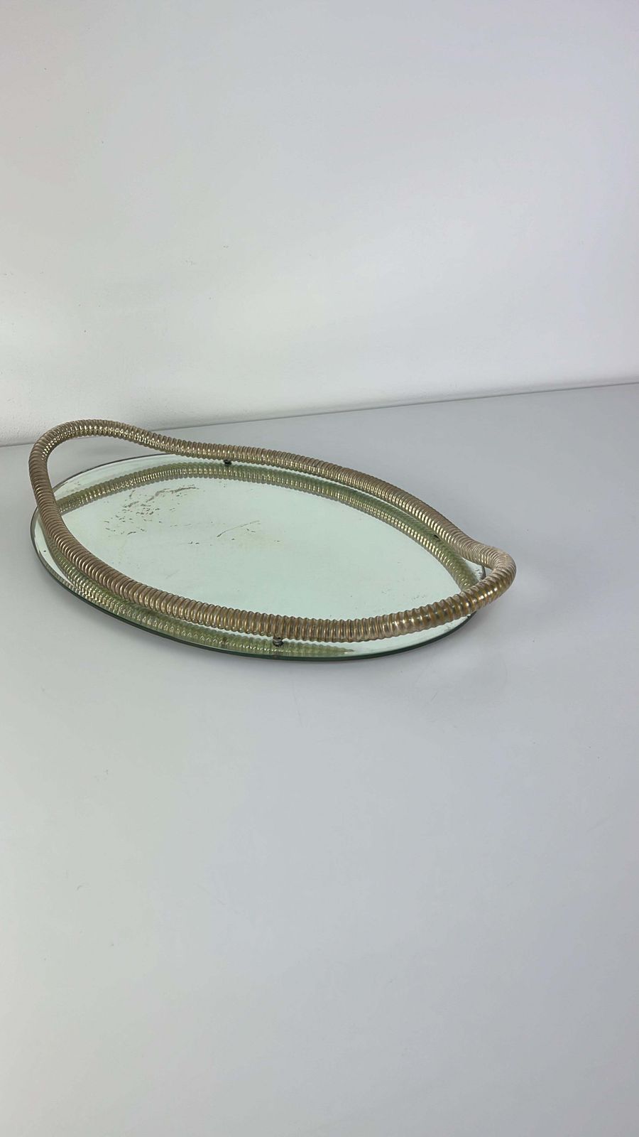 Italian Art Deco Oval Tray Brass And Mirrored Glass In The Style Of Fontana Arte photo Home Decor