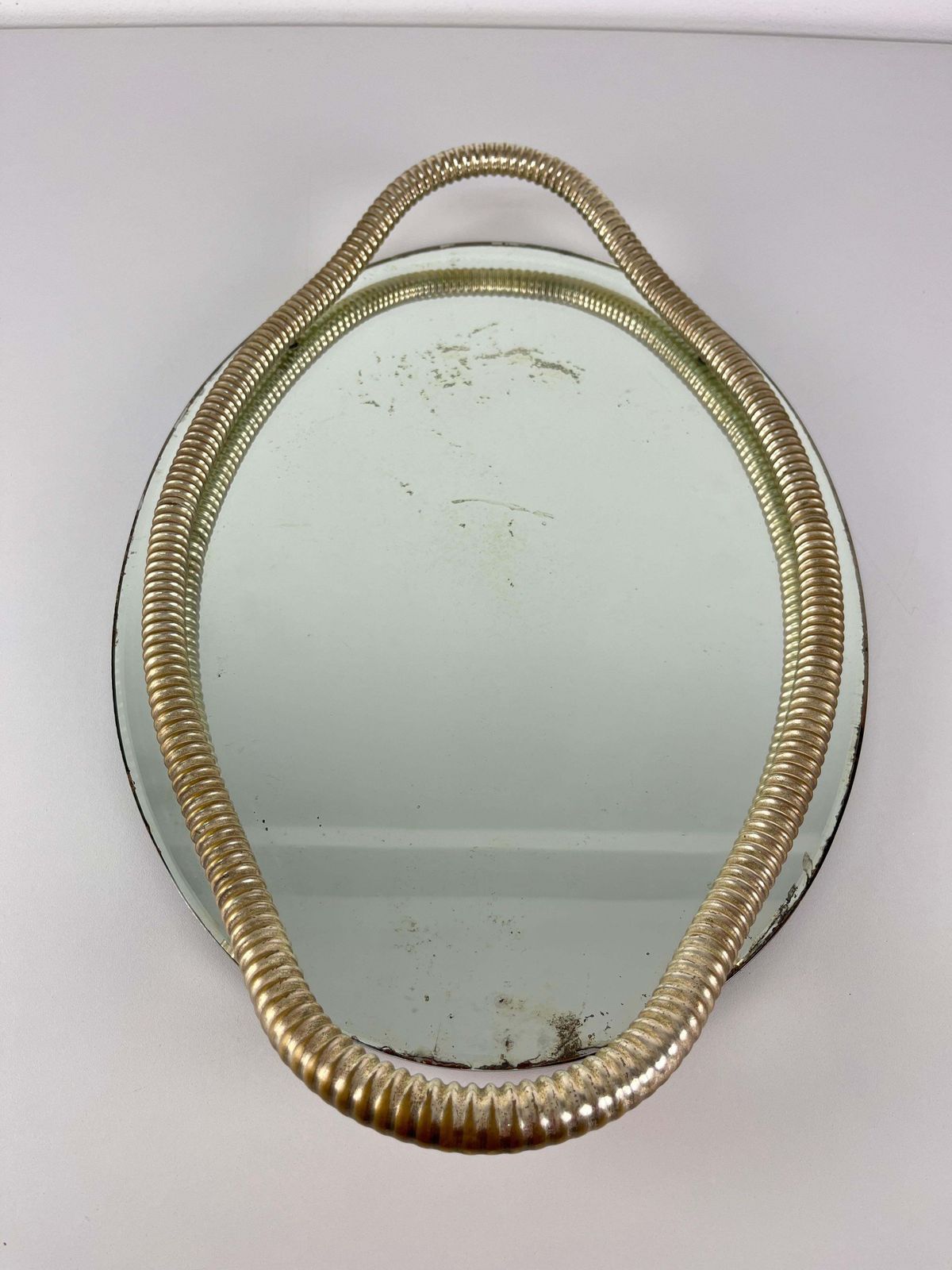 photo for sale Italian Art Deco Oval Tray Brass And Mirrored Glass In The Style Of Fontana Arte