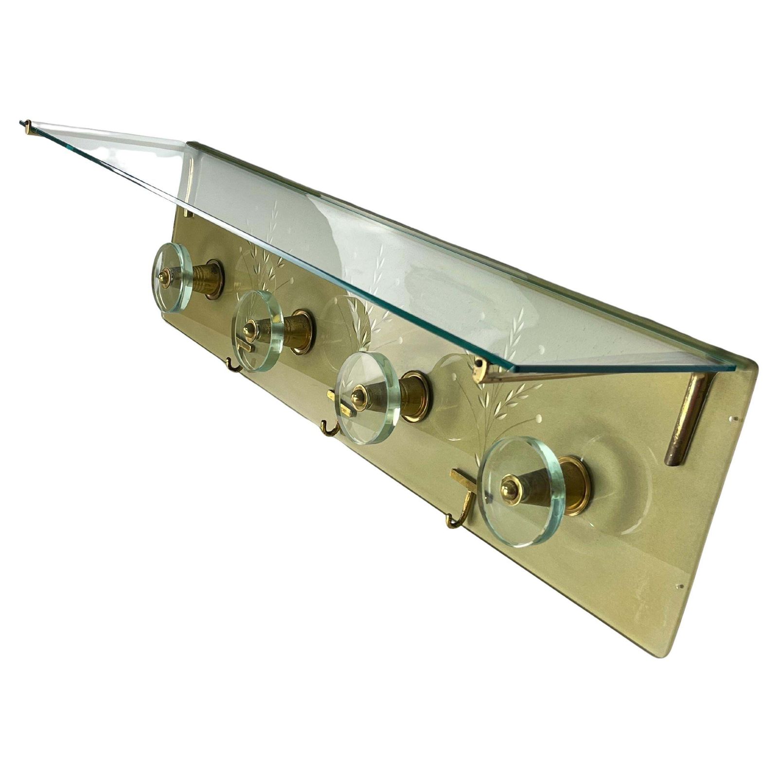 Wall Coat Rack Engraved Glass And Brass In The Style Of Fontana Arte, 1950s