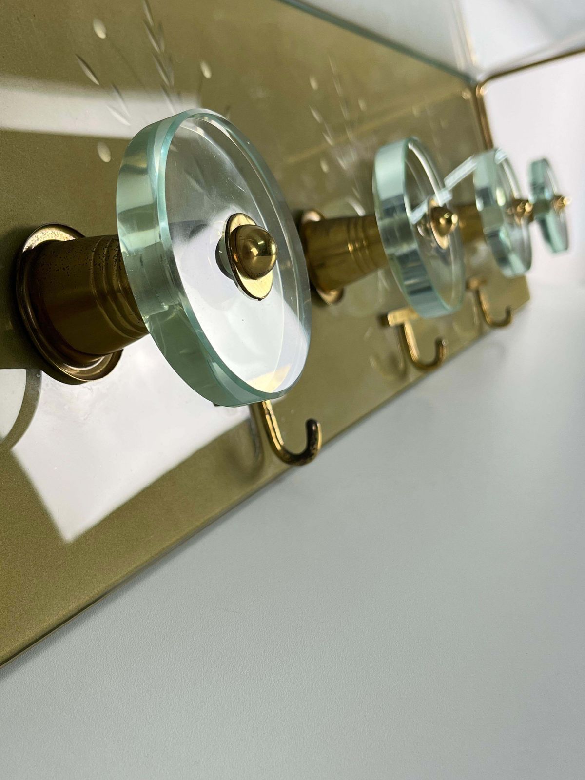 Wall Coat Rack Engraved Glass And Brass In The Style Of Fontana Arte, 1950s photo Furniture