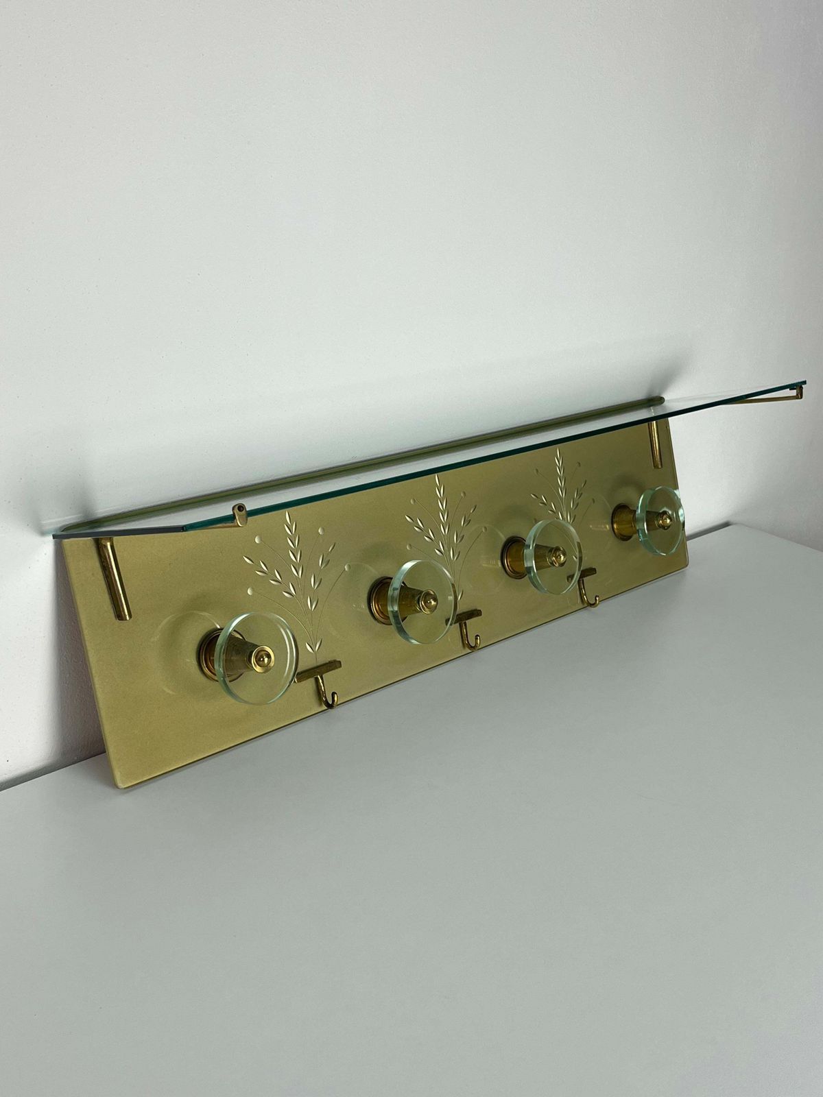 Wall Coat Rack Engraved Glass And Brass In The Style Of Fontana Arte, 1950s photo 2141.0