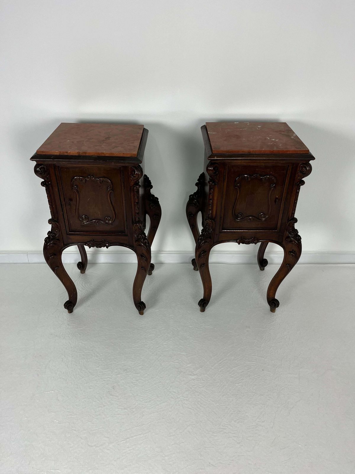 Set Of 2 French Louis XV Night Stands, Marble Top, 1930s photo for sale
