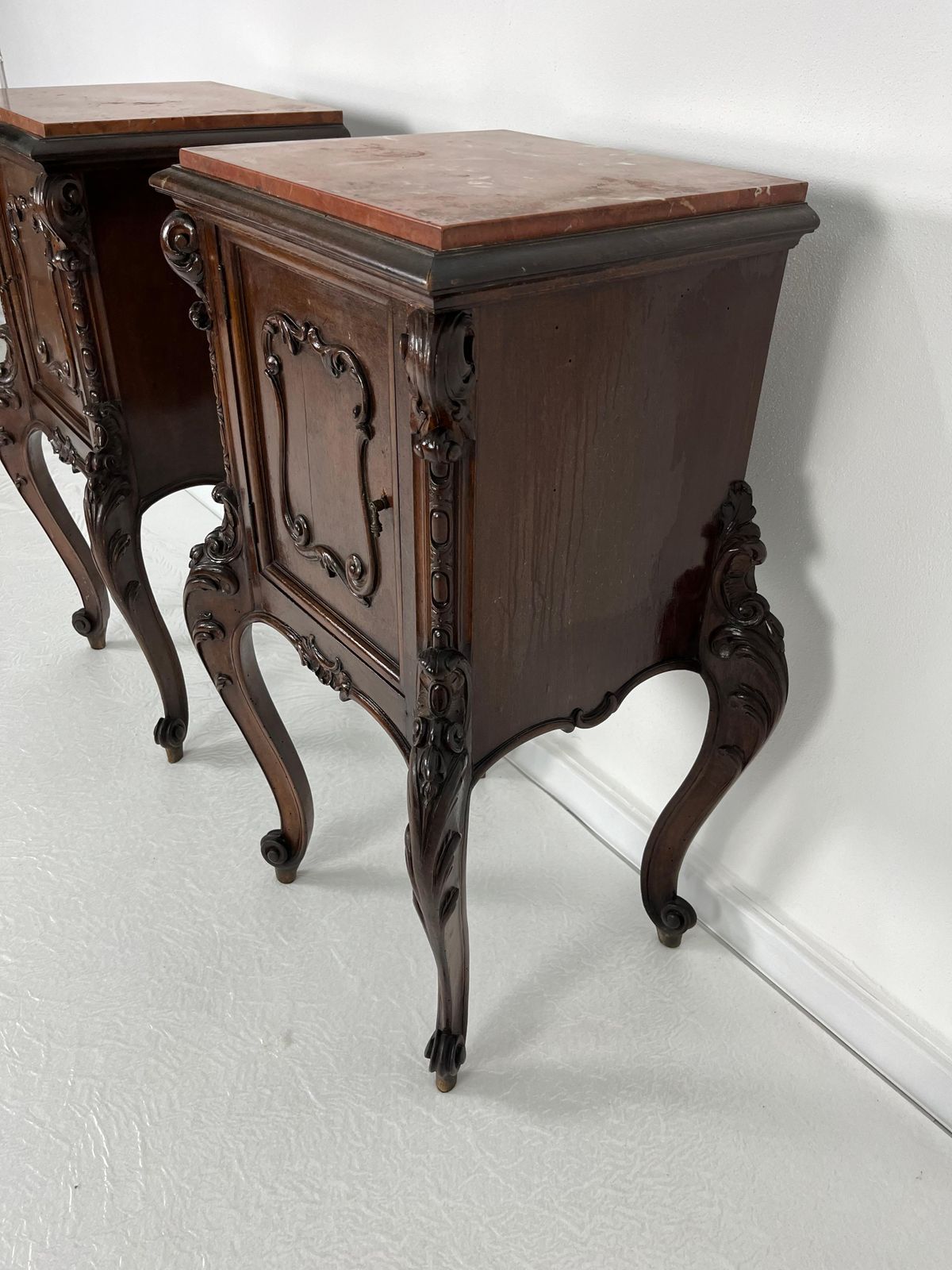 Set Of 2 French Louis XV Night Stands, Marble Top, 1930s photo vintage
