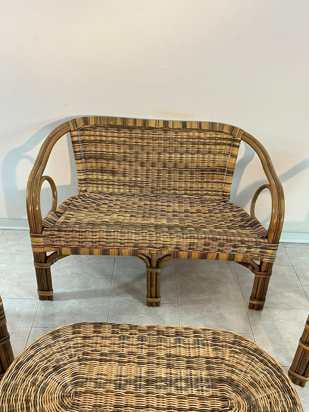 Set Of 4 Wicker Sofa Armchairs Coffee Table Made In Italy 1960s photo vinterior
