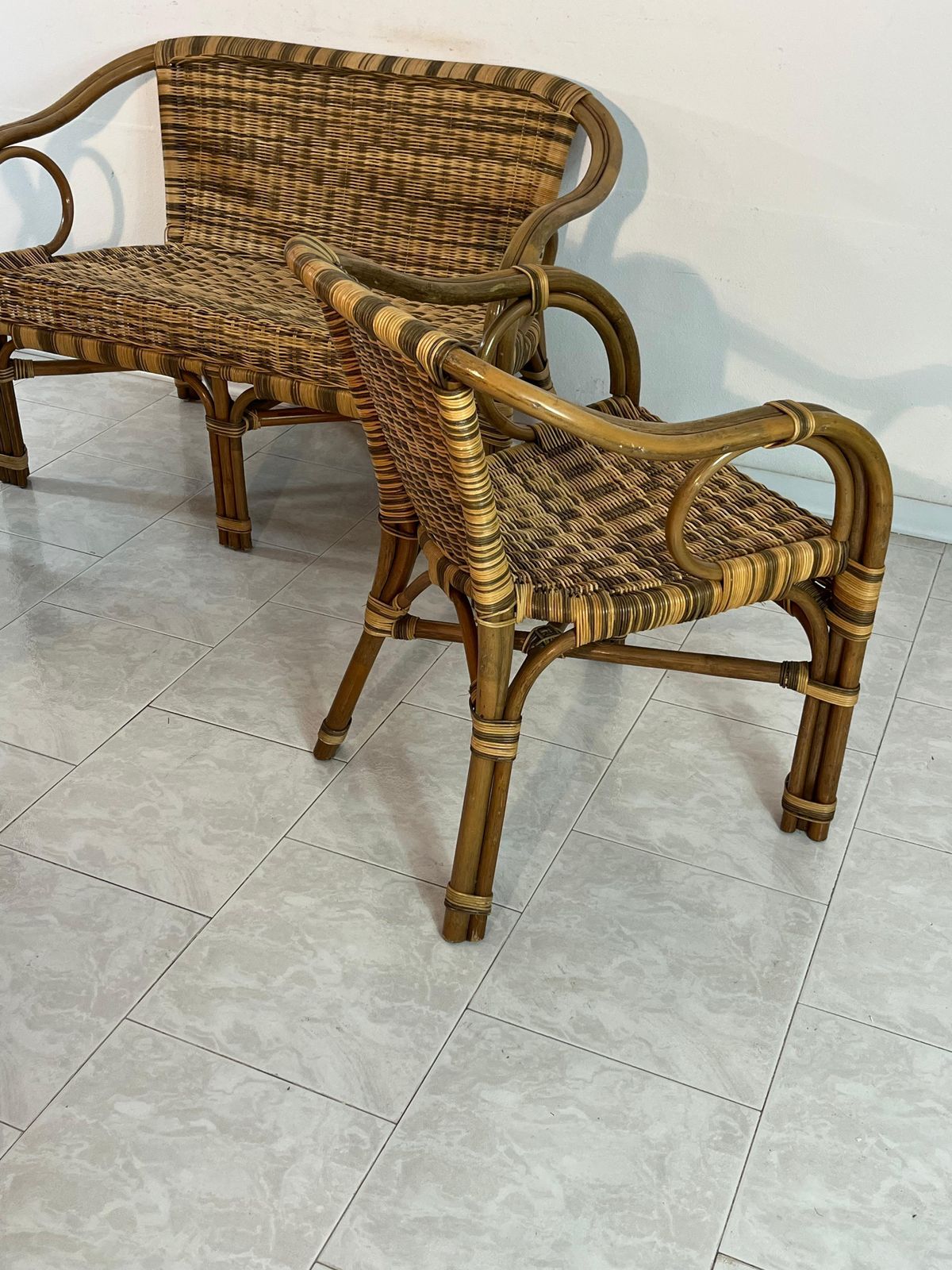 Furniture Set Of 4 Wicker Sofa Armchairs Coffee Table Made In Italy 1960s photo