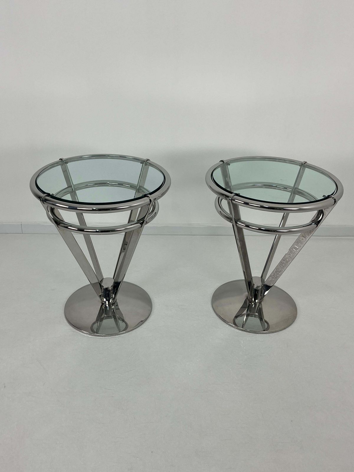 Set Of 2 Delightful Space Age Steel And Glass Night Stands 1980s photo for sale