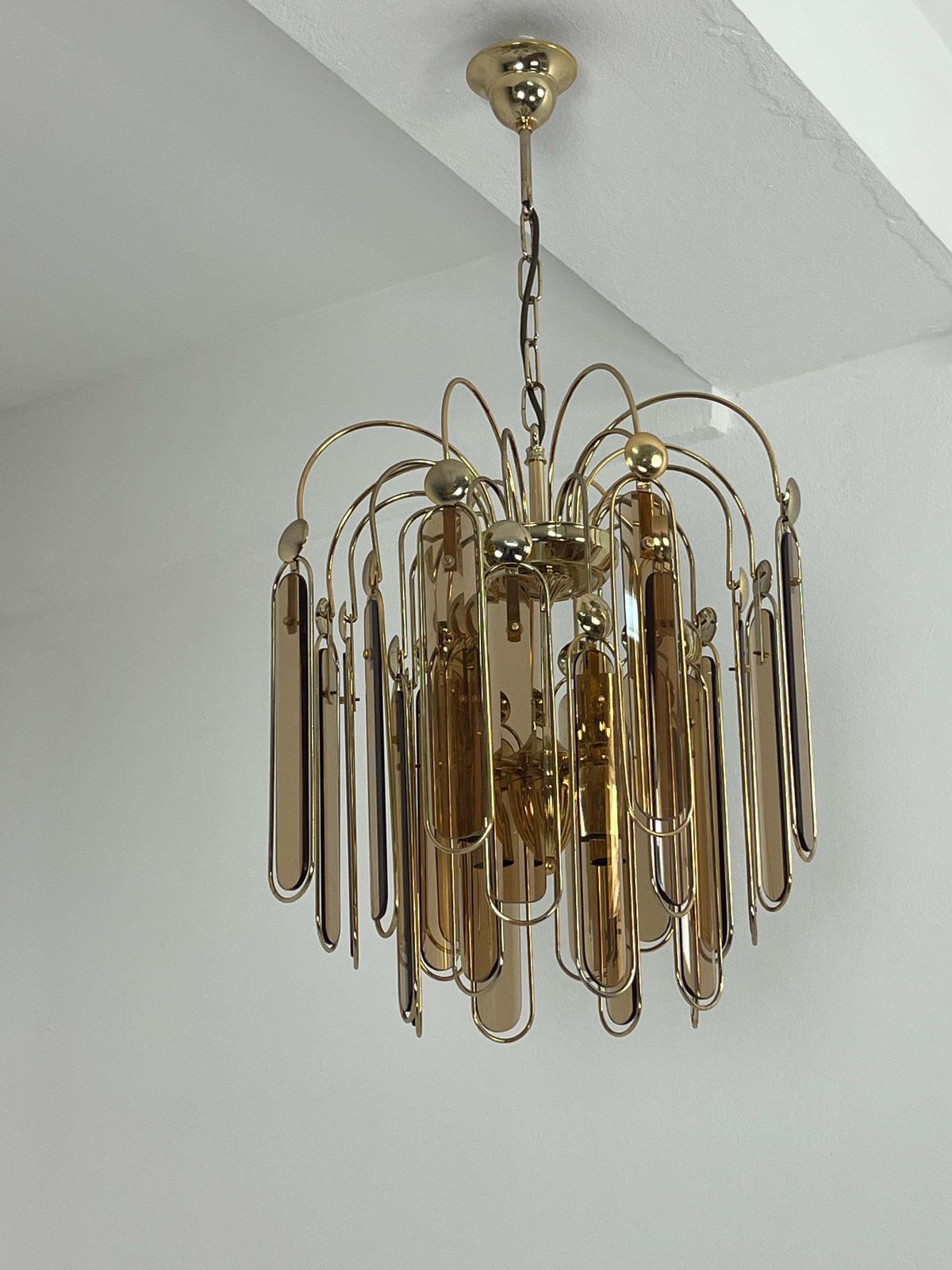 Set Of 2 Murano Glass Chandeliers Amber 6 Lights, 1960s photo vintage