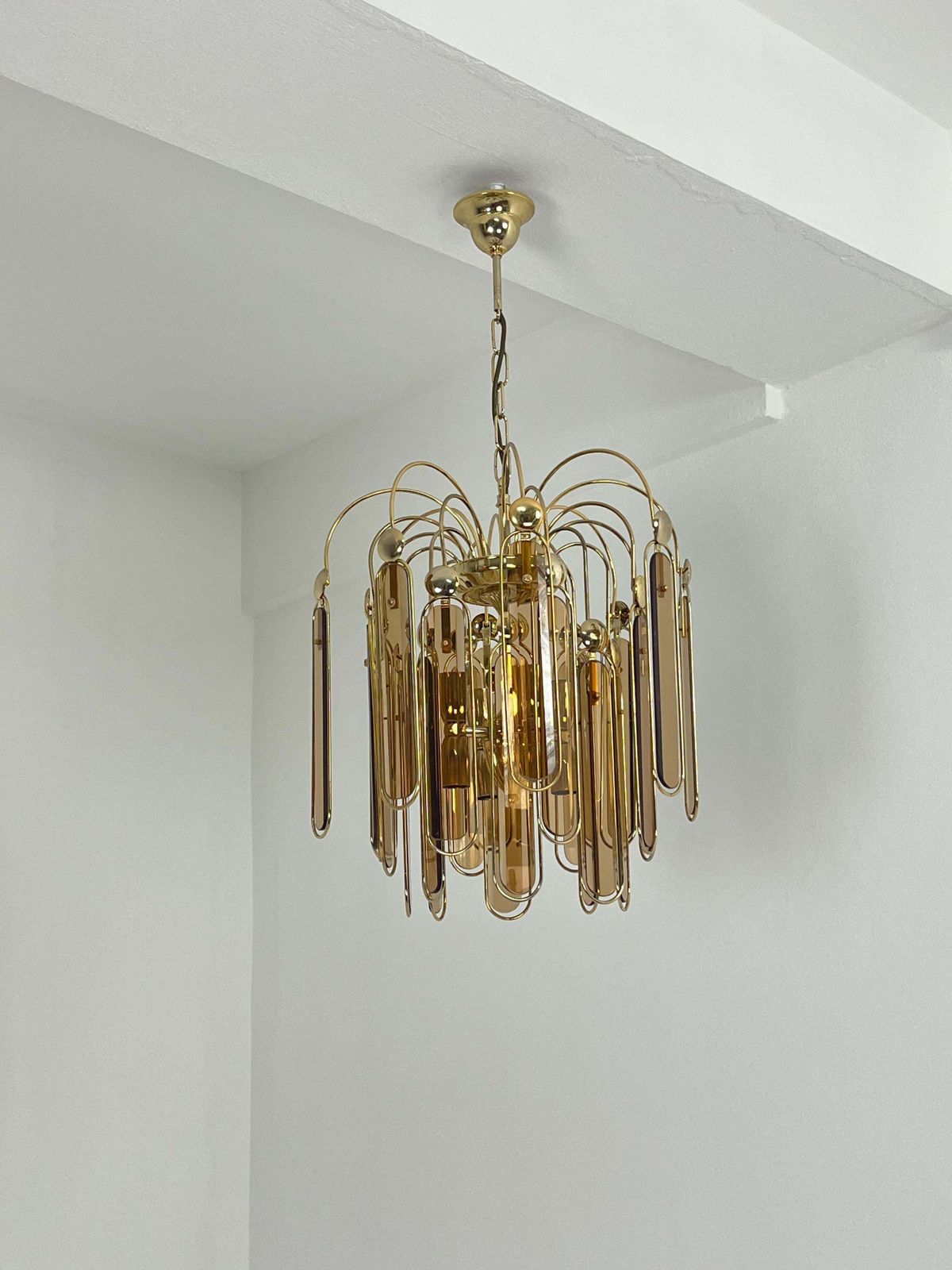 photo for sale Set Of 2 Murano Glass Chandeliers Amber 6 Lights, 1960s
