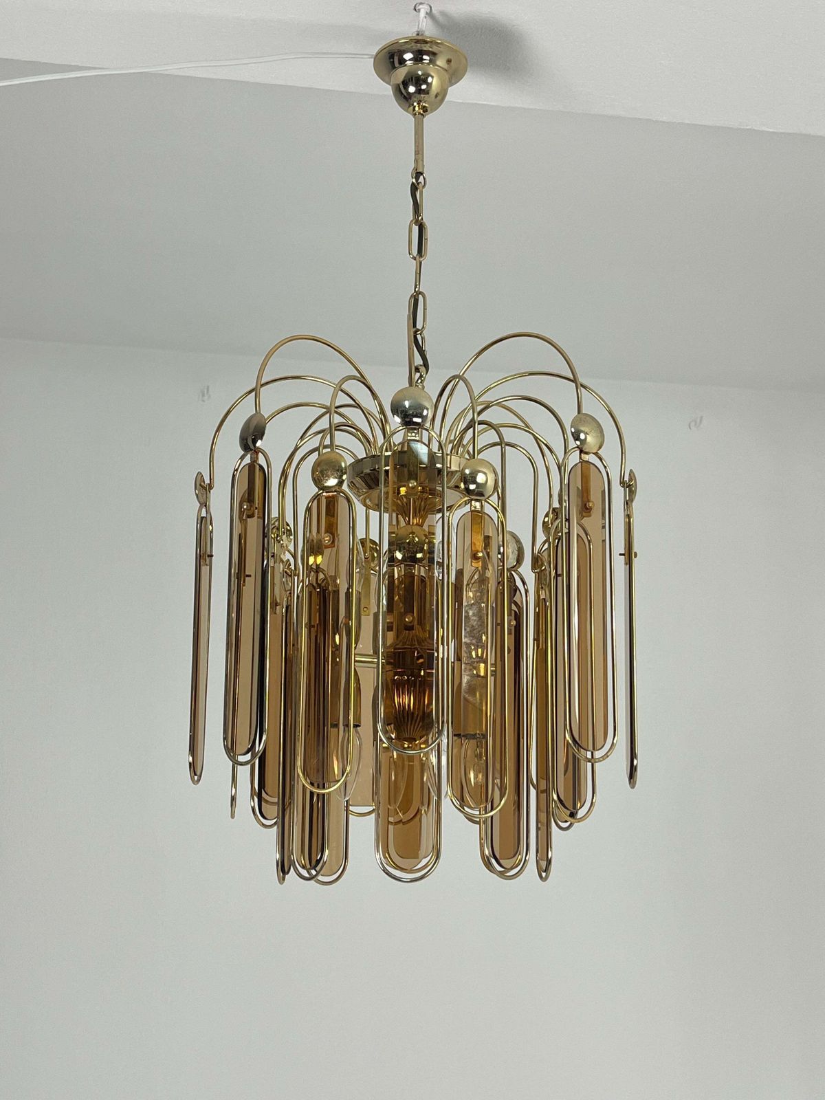 Lighting Set Of 2 Murano Glass Chandeliers Amber 6 Lights, 1960s photo