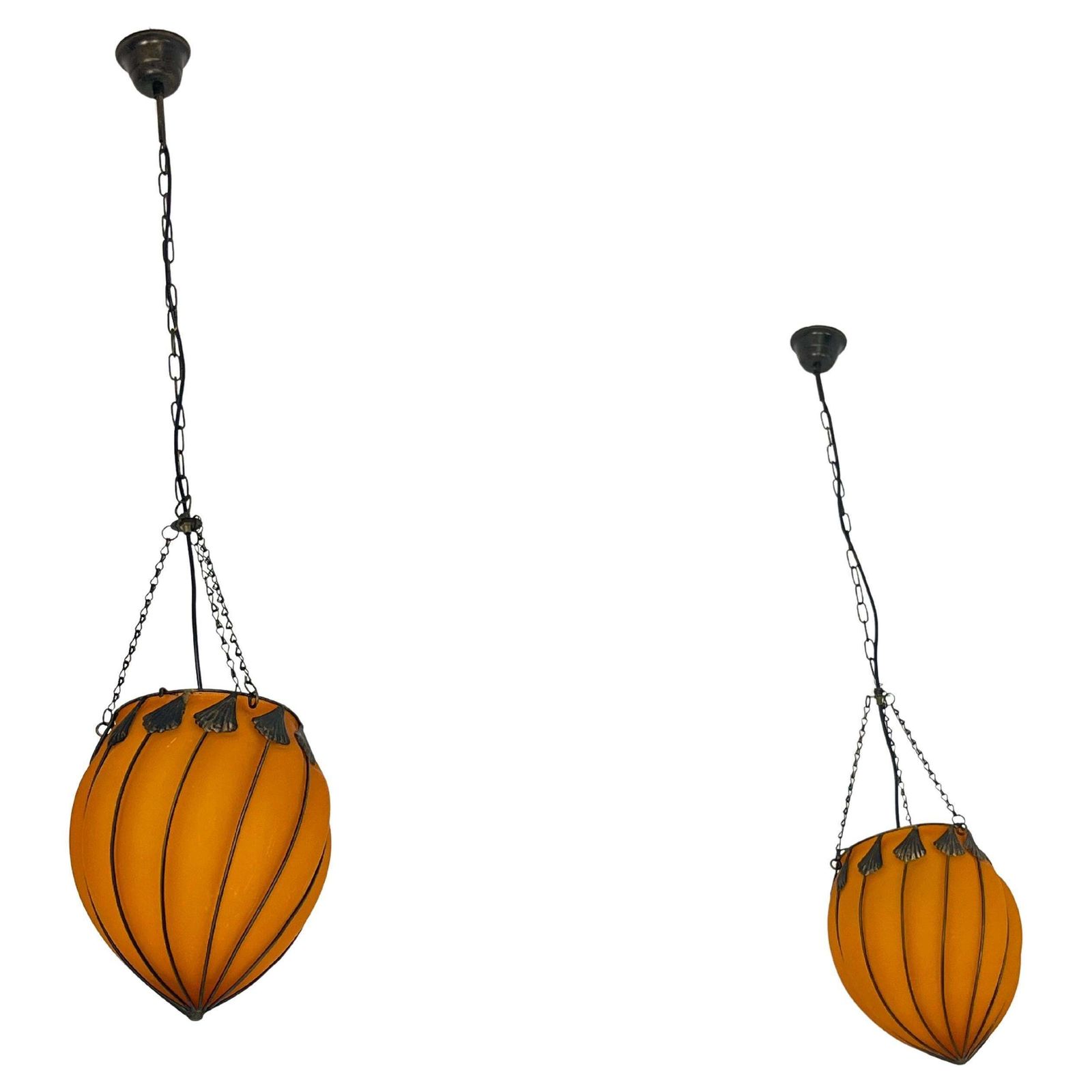 Set Of 2 Orange Murano Glass Pendant Lamps, 1980s