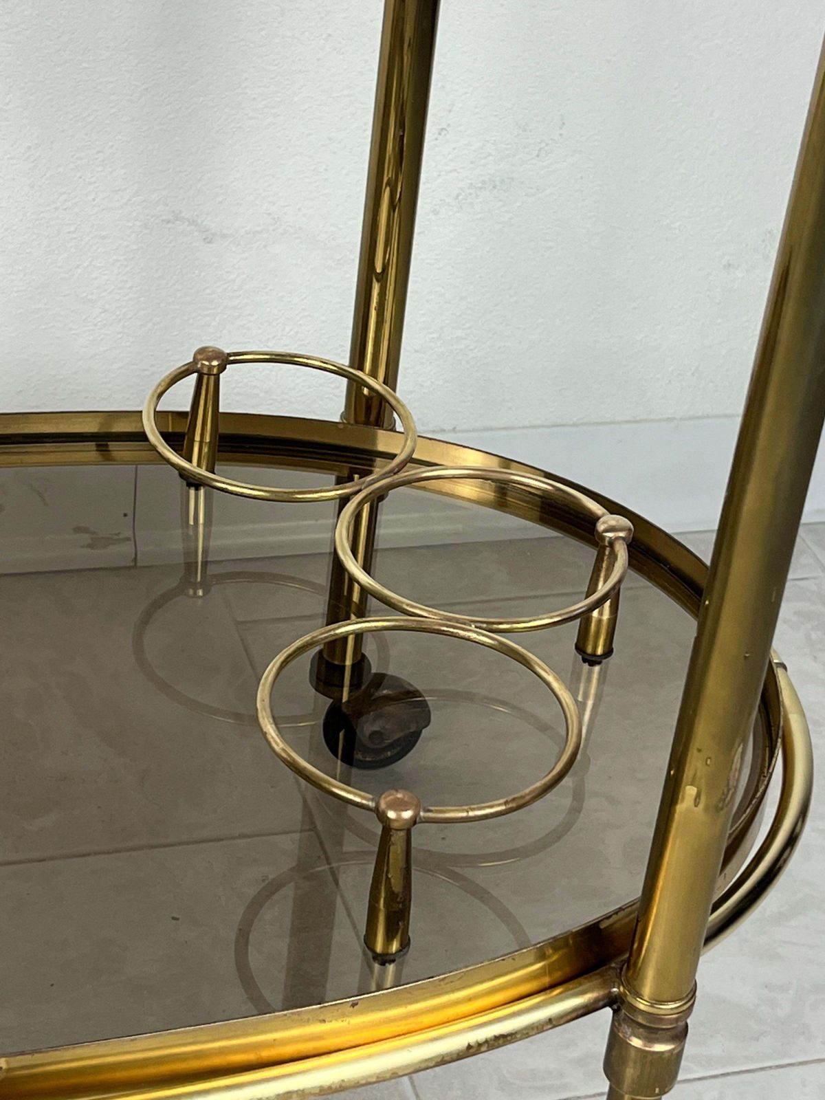 Furniture Mid Century Brass Oval Bar Trolley  With Smoked Glass Italian Design 1960s photo