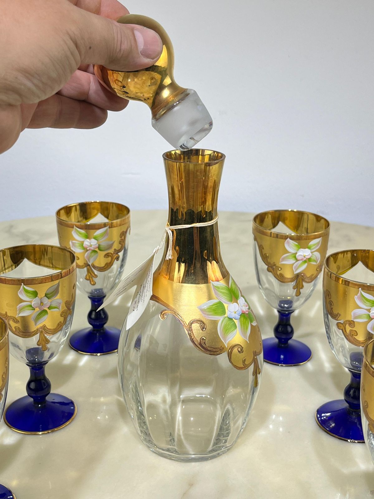 Set Of Bottle And Six Glasses In Hand Painted Murano Glass In 24 Kt Gold, 1970s photo vintage
