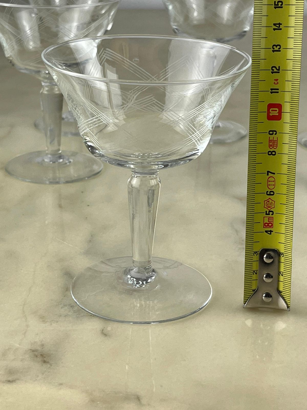 photo furniture Six Hand Engraved Crystal Champagne Glasses, Italy, 1960s