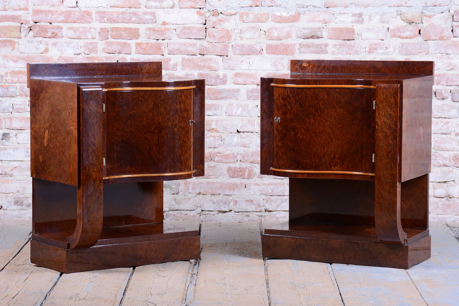 Pair Of Restored Art Deco Bedside Tables, Beech, Revived Polish, France, 1920s