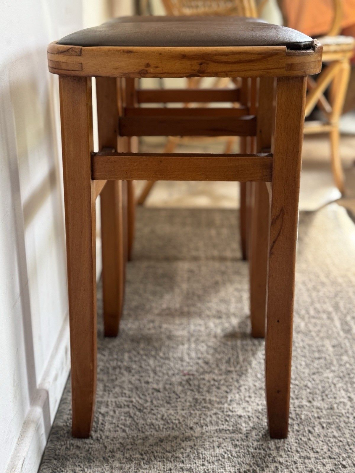 Furniture Mid Century Retro Vintage Stools Pair Wood Vinyl Brown photo