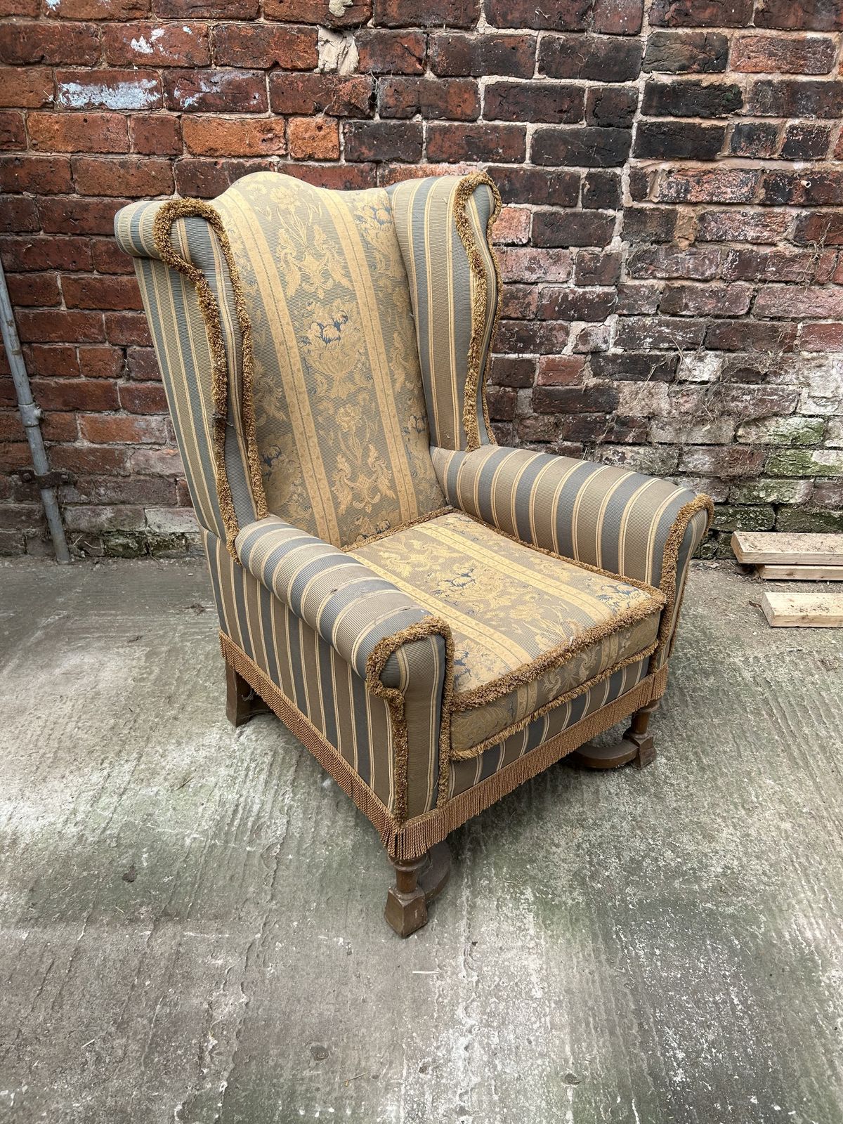 Re Upholstery Project William And Mary Style Wing Back Chair With Beech Legs photo vinterior