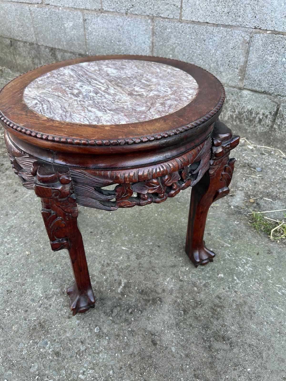 Chinese Mahogany Carved Plant Stand With Marble Top photo for sale