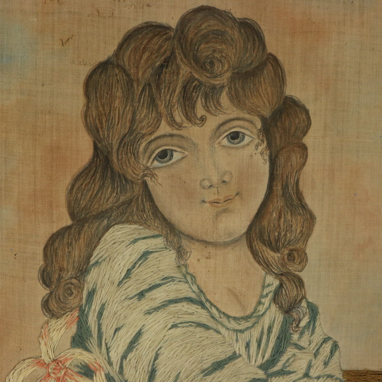 photo buy Pair Georgian Woolwork Embroidered Pictures Of Girls With Pets