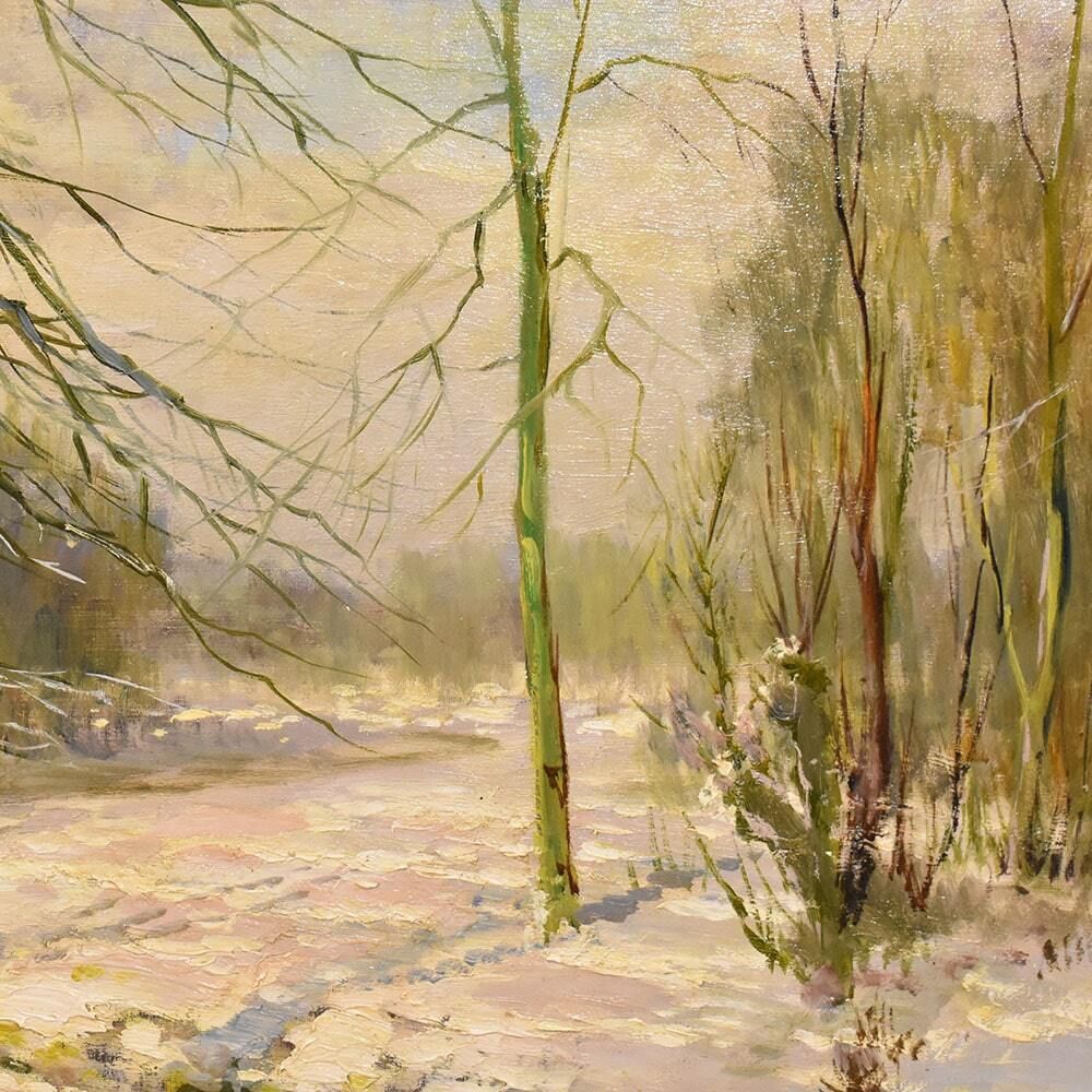 Landscape Painting Under Woods With Snow, Antique Oil Landscape Painting With Forest, Oil On Canvas, Art Deco. (Qp529) photo vinterior