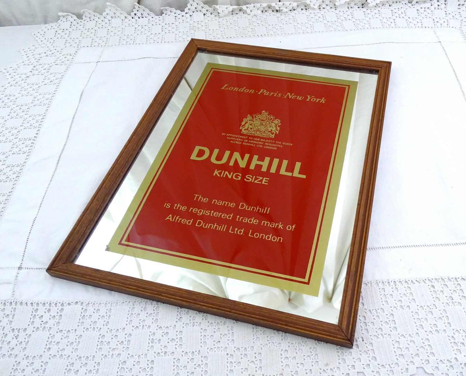 Large Vintage Dunhill Advertising Framed Mirror With Red And Gold Logo, Retro Promotional Wall Art Wooden Frame, 60s Smoking Collectibles photo furniture