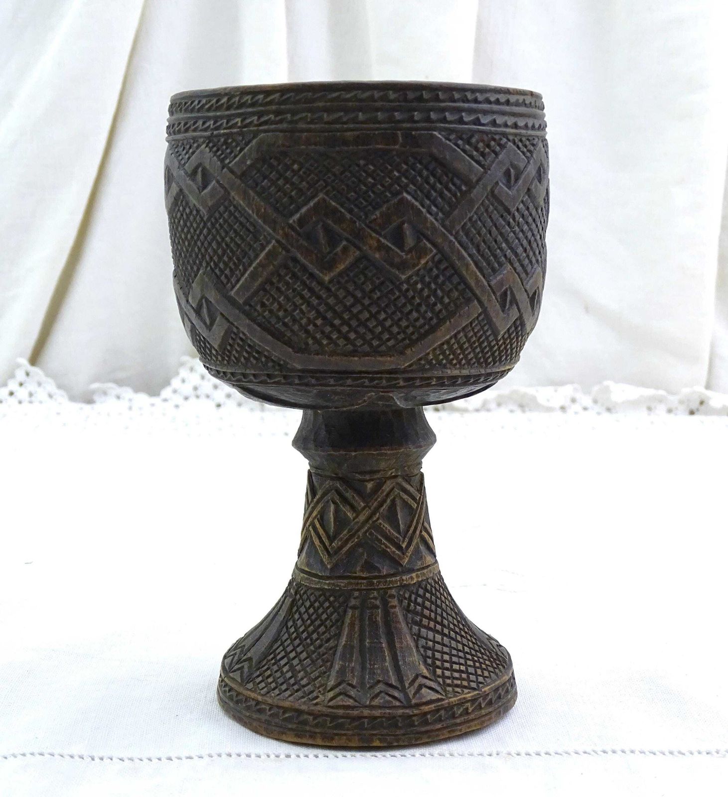 Antique African Wooden Royal Kuba Palm Wine Goblet With Carved Knot Work Pattern Nnaam And Makwoonglmatey, Retro Wood Cup From Africa photo furniture