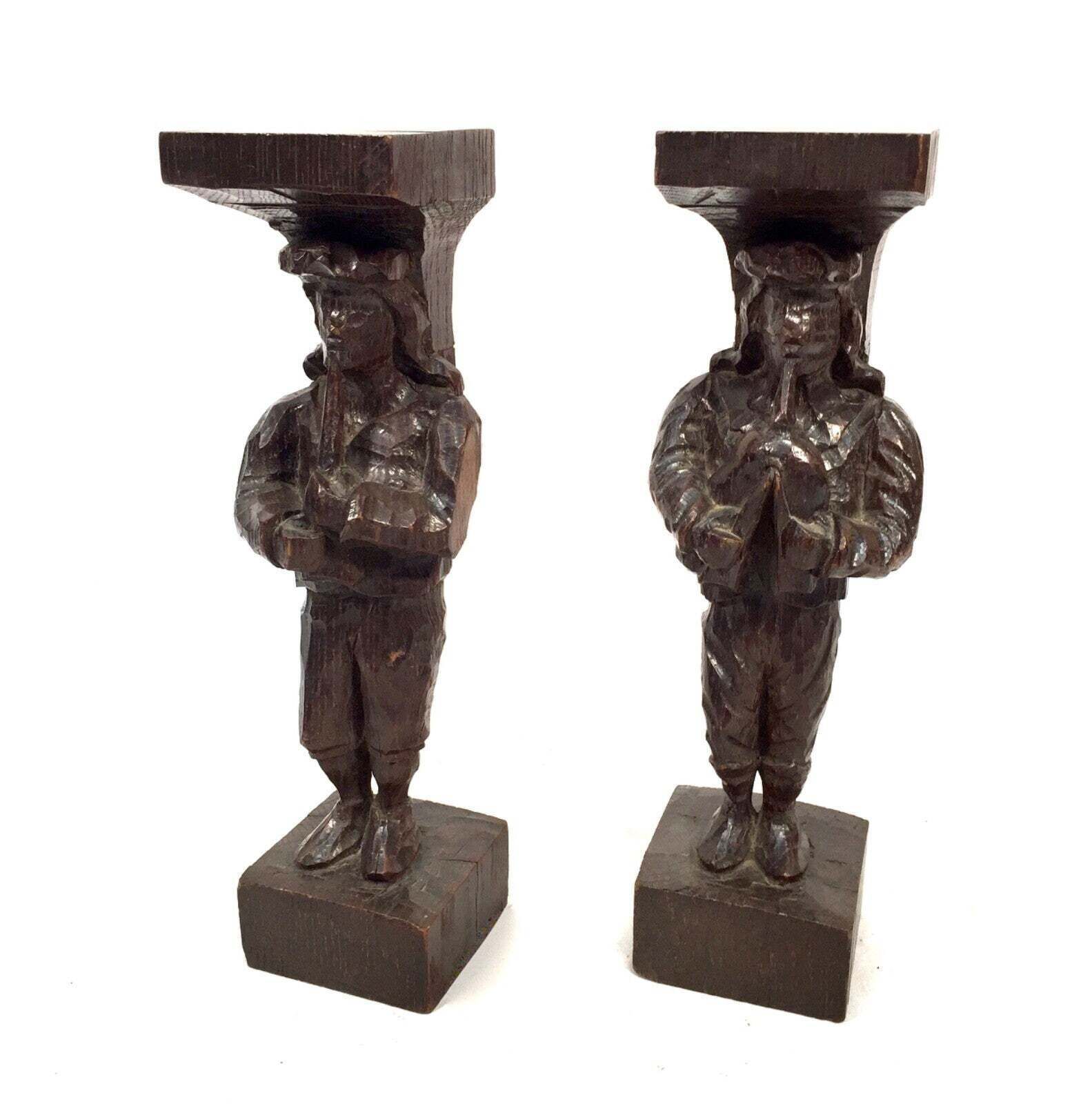 Antique Pair Of 19th Century Carved Oak Architectural Salvaged Figures / Statues