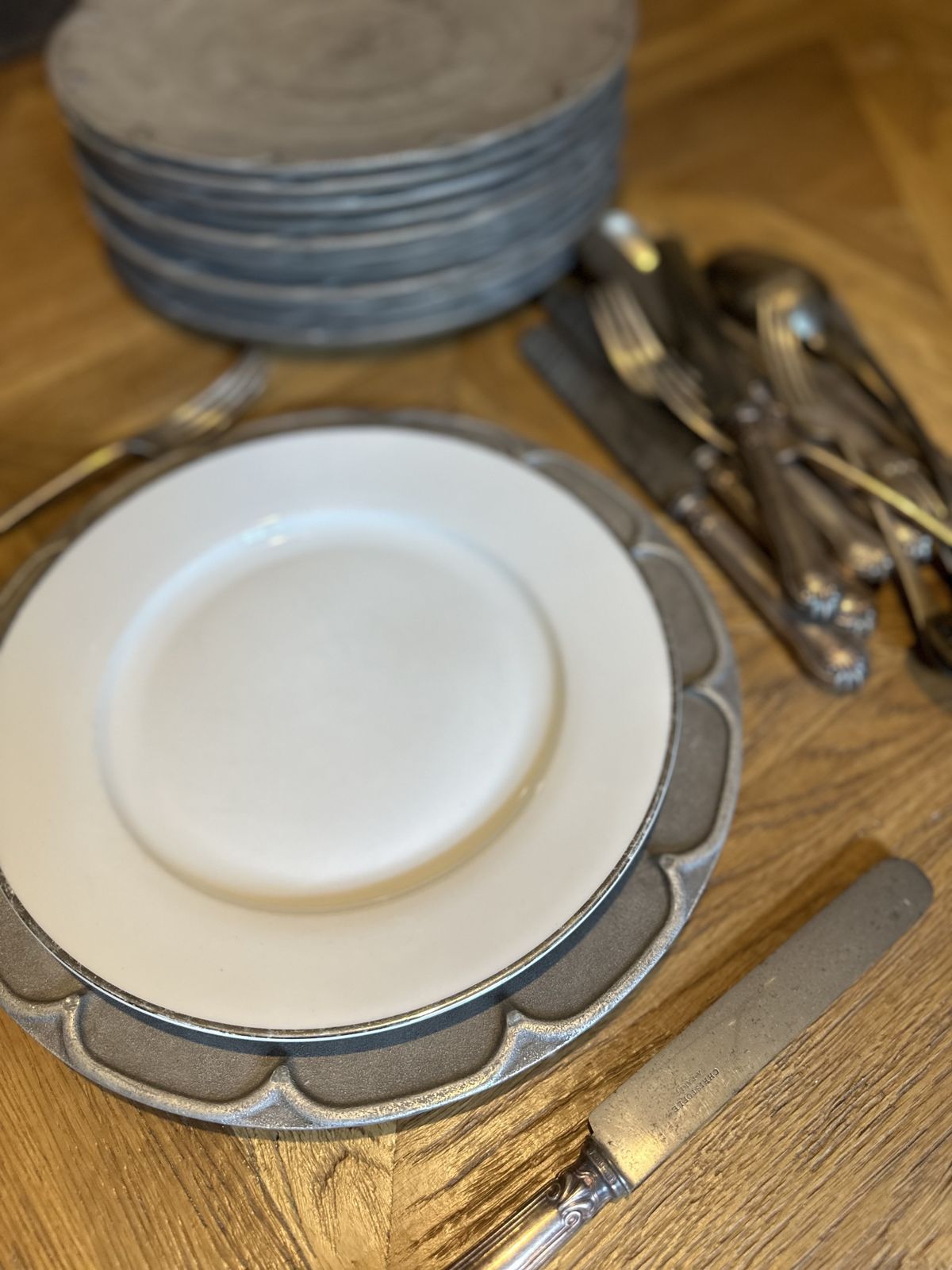 Fabulous Set Of 12 French Antique Pewter Charger Plates – From A French Chateau photo for sale