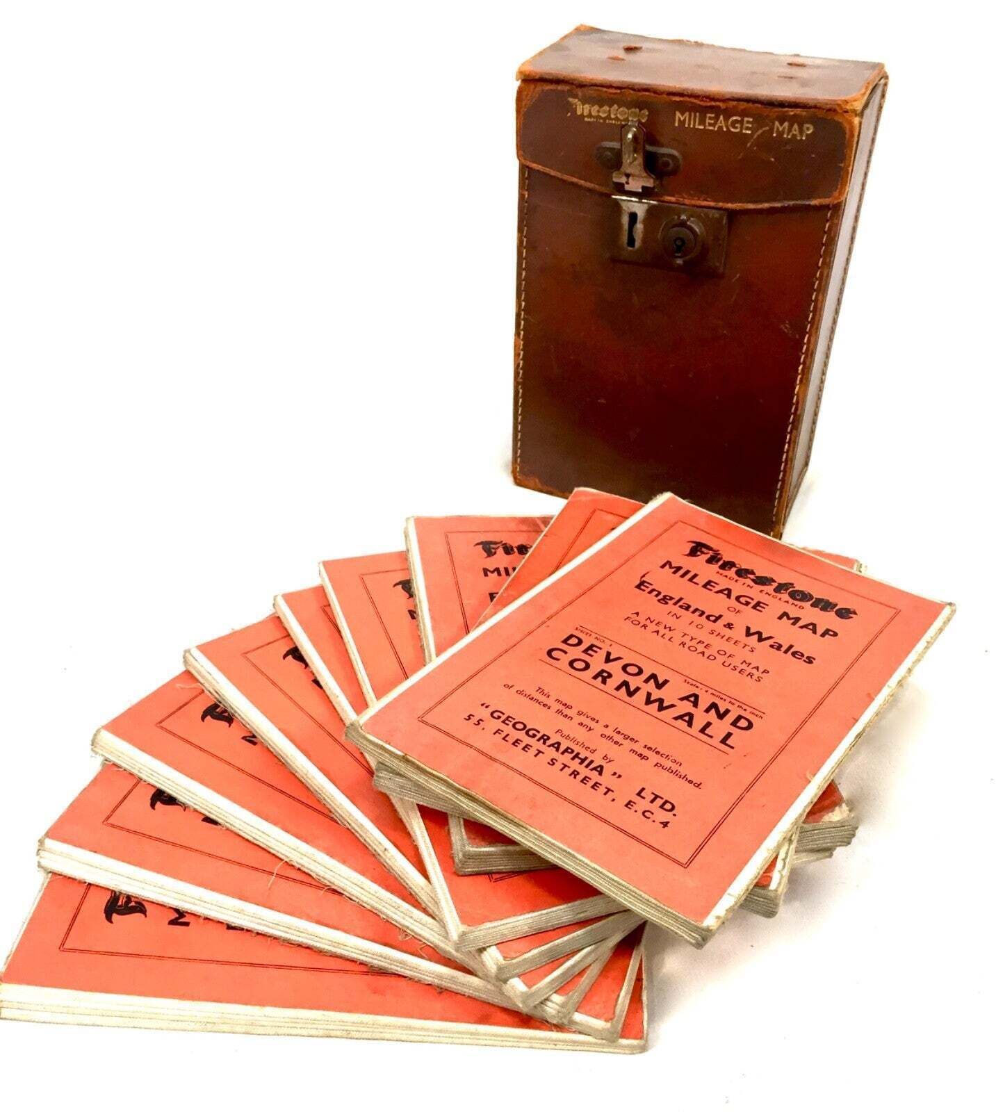 Antique Leather Cased Set Of Firestone Mileage Maps For England & Wales C.1910