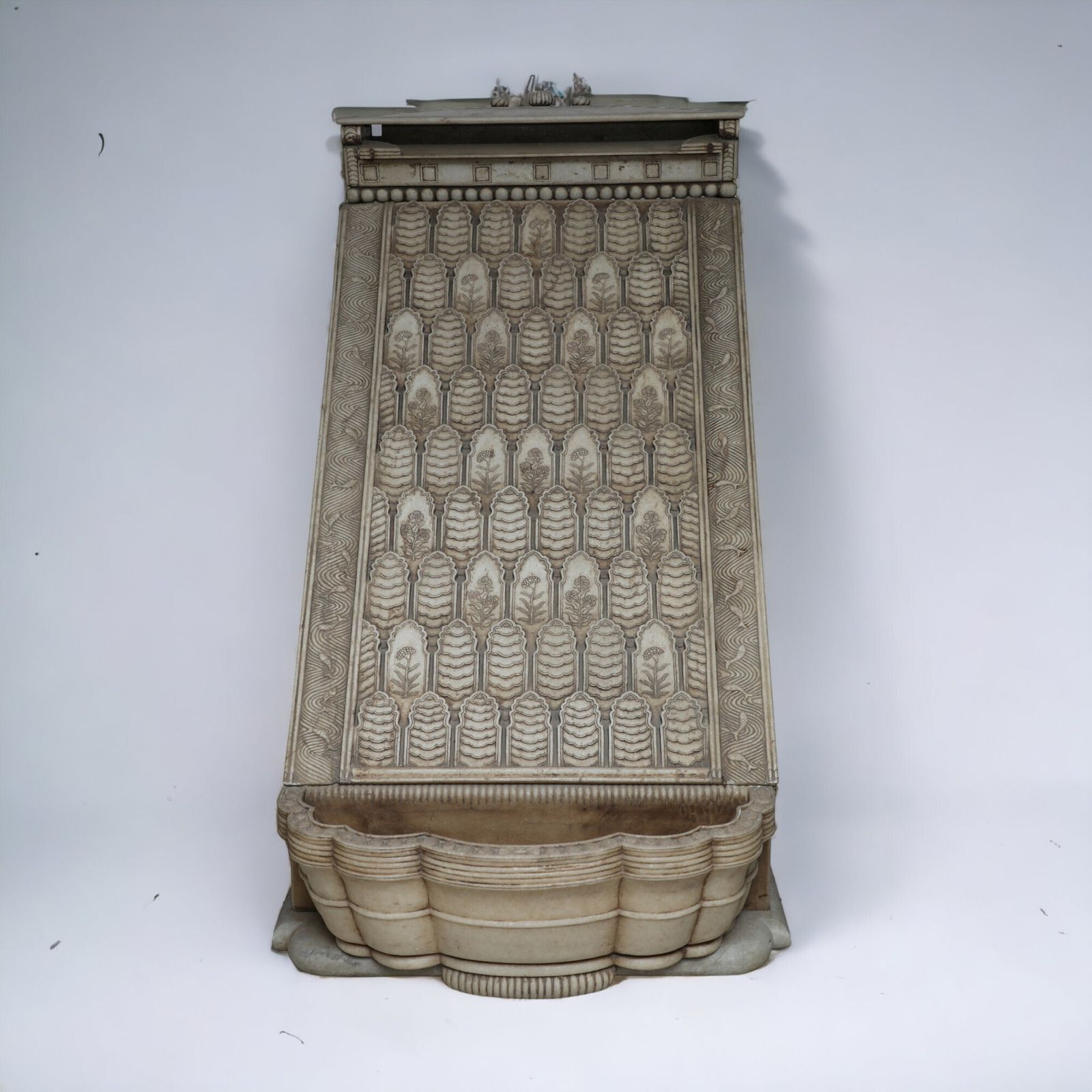 Antique 18th Century Indian Marble Fountain – Hand Carved Garden Water Feature With Marigold Relief & Lotus Motifs | Heritage Sculpture From Rajasthan photo for sale