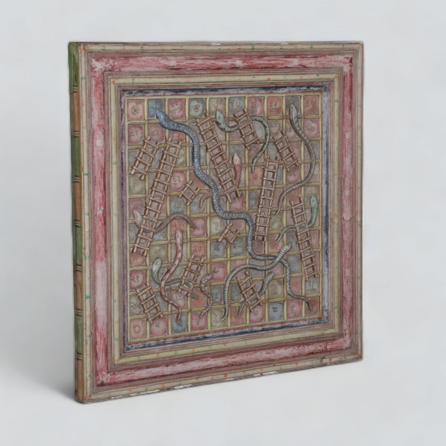 Antique Marble Moksha Patam Board – 19th Century Indian Snakes & Ladders Game | Hand Carved Gyan Chaupar With Devanagari Numerals & Sacred Hindu Motif