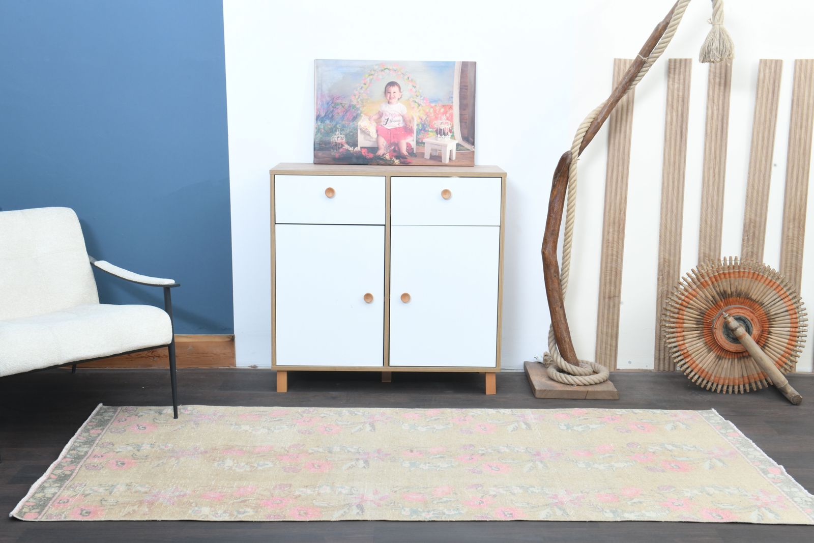 3'5x8'1 Ft, Floral Beige Vintage Turkish Runner, Rugged Kitchen Rug, Runners Stairs, Farmhouse Decor, Washable, Eclectic, Handmade Oushak Rugs, Wool photo Textiles