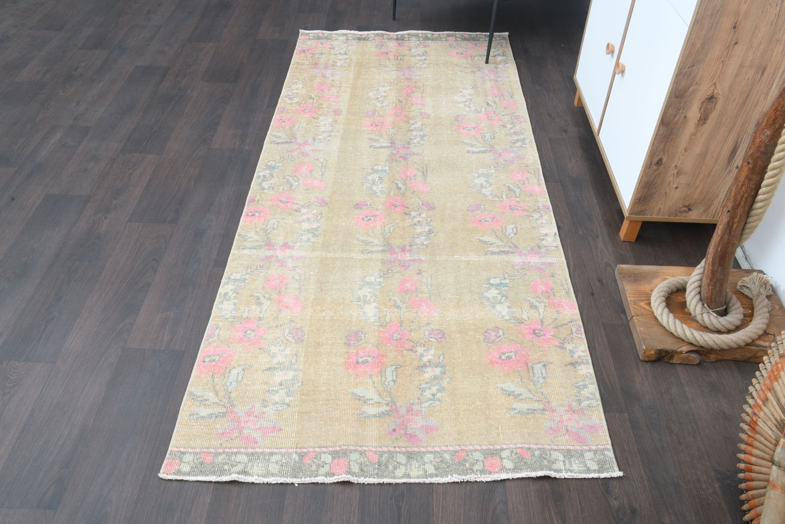 3'5x8'1 Ft, Floral Beige Vintage Turkish Runner, Rugged Kitchen Rug, Runners Stairs, Farmhouse Decor, Washable, Eclectic, Handmade Oushak Rugs, Wool photo buy