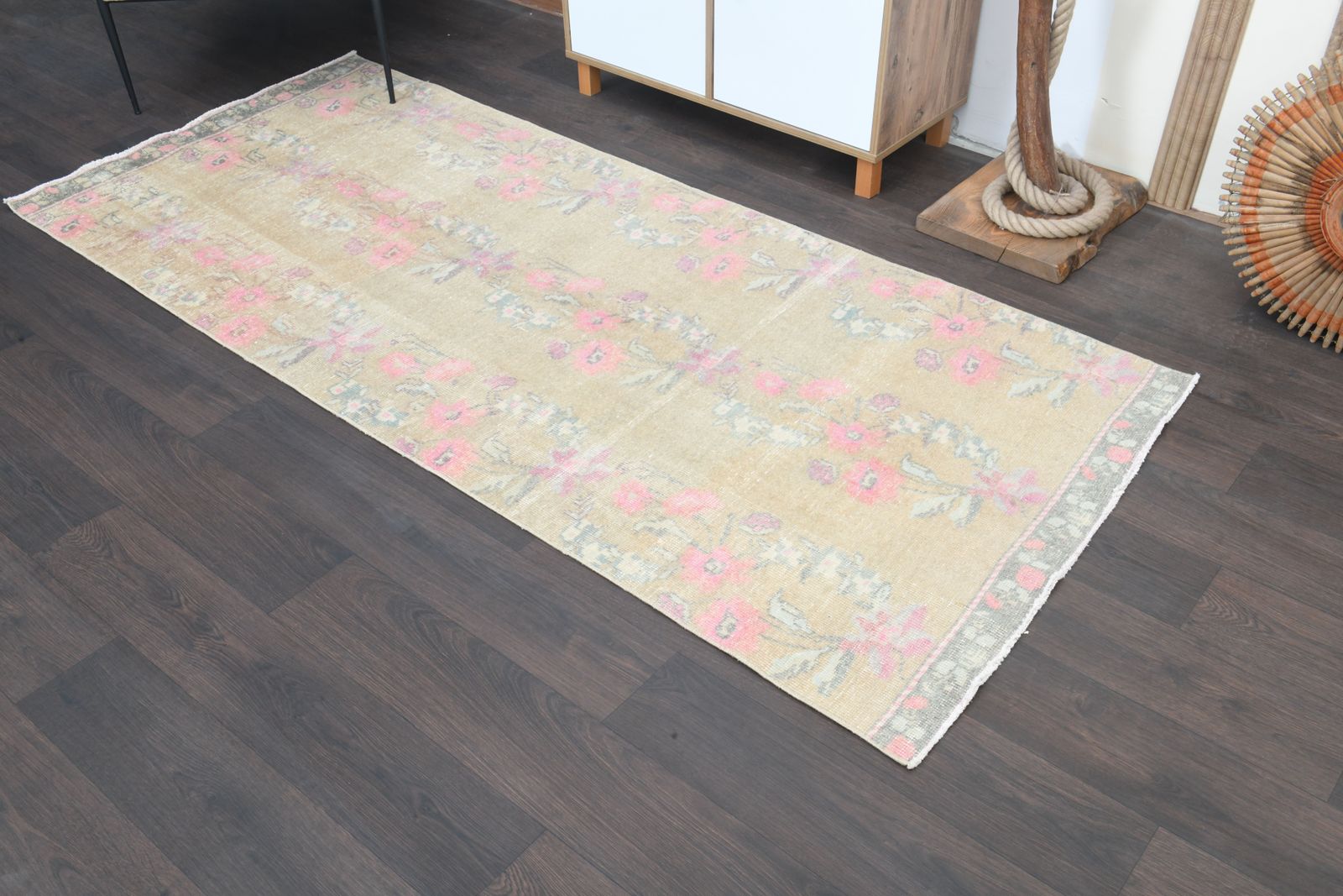 3'5x8'1 Ft, Floral Beige Vintage Turkish Runner, Rugged Kitchen Rug, Runners Stairs, Farmhouse Decor, Washable, Eclectic, Handmade Oushak Rugs, Wool photo vintage